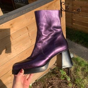 L’Intervalle genuine leather purple metallic platform heeled ankle boots